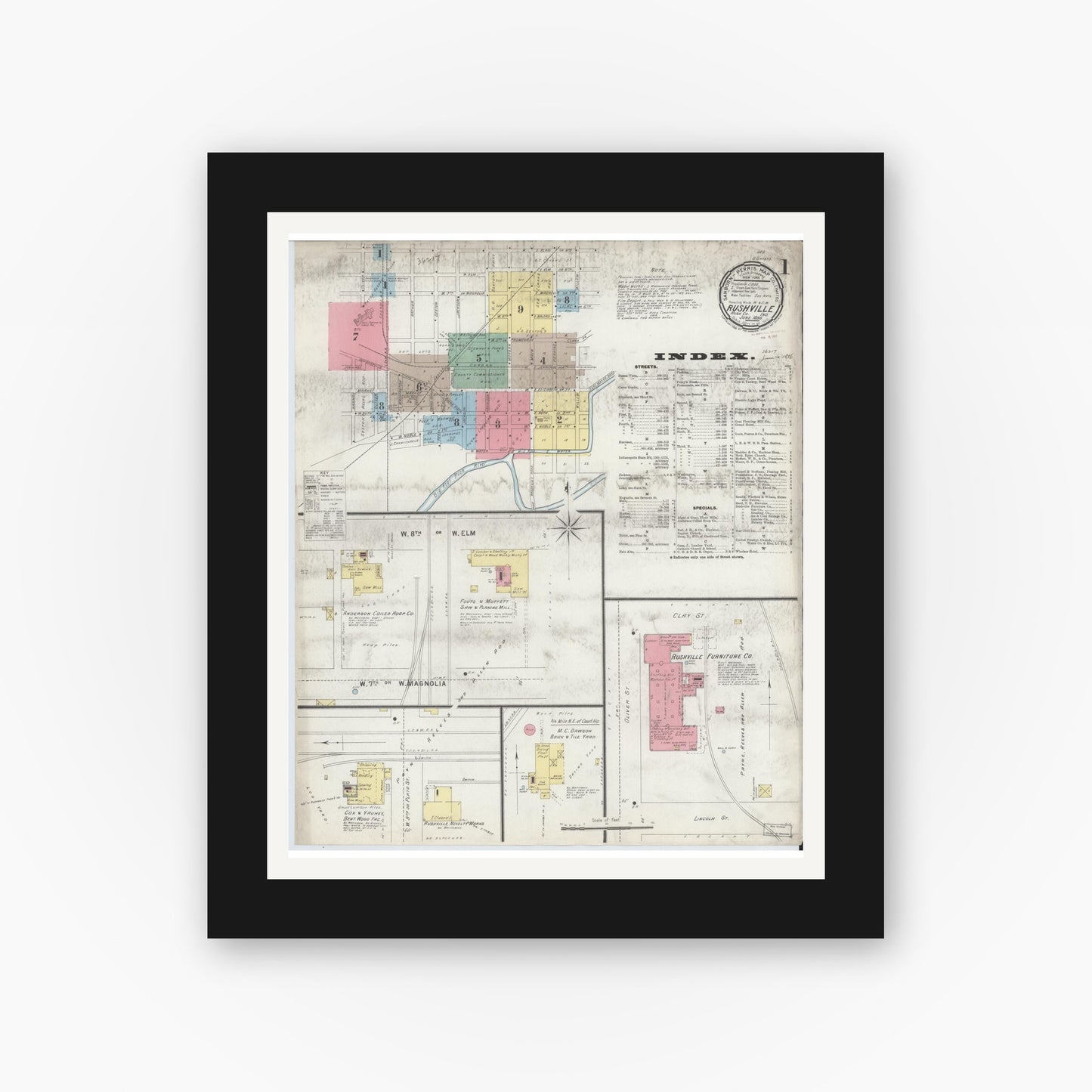 Old map wall art mockup — black gallery frame with white mat — Sanborn Fire Insurance Map from Rushville, Rush County, Indiana (1896), Sheet #0001