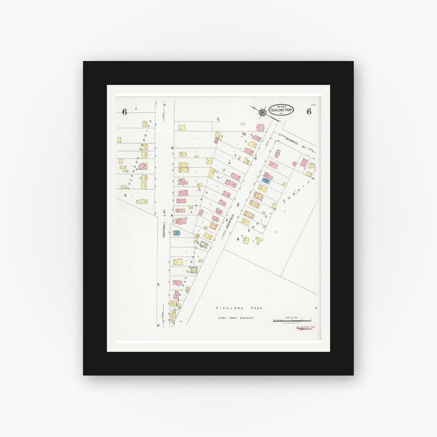 Old map wall art mockup — black gallery frame with white mat — Sanborn Fire Insurance Map from Highland Park, Lake County, Illinois (1924), Sheet #0006