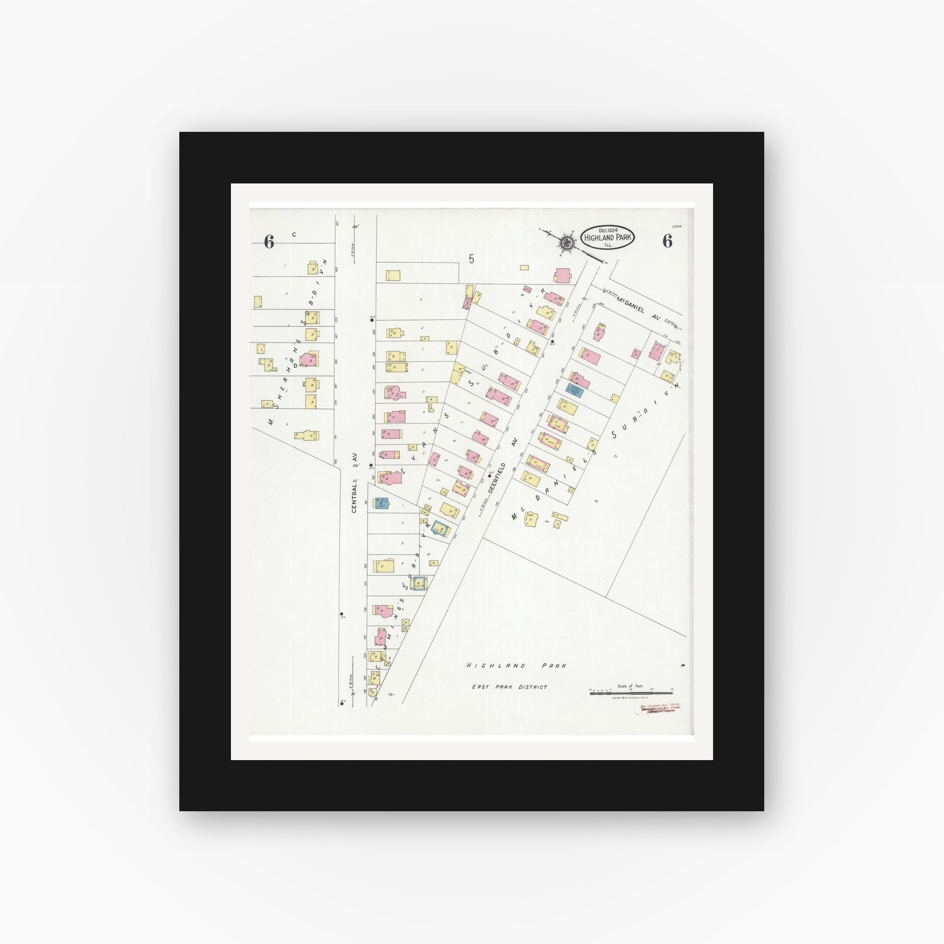 Old map wall art mockup — black gallery frame with white mat — Sanborn Fire Insurance Map from Highland Park, Lake County, Illinois (1924), Sheet #0006