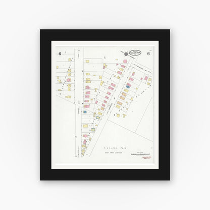 Old map wall art mockup — black gallery frame with white mat — Sanborn Fire Insurance Map from Highland Park, Lake County, Illinois (1924), Sheet #0006
