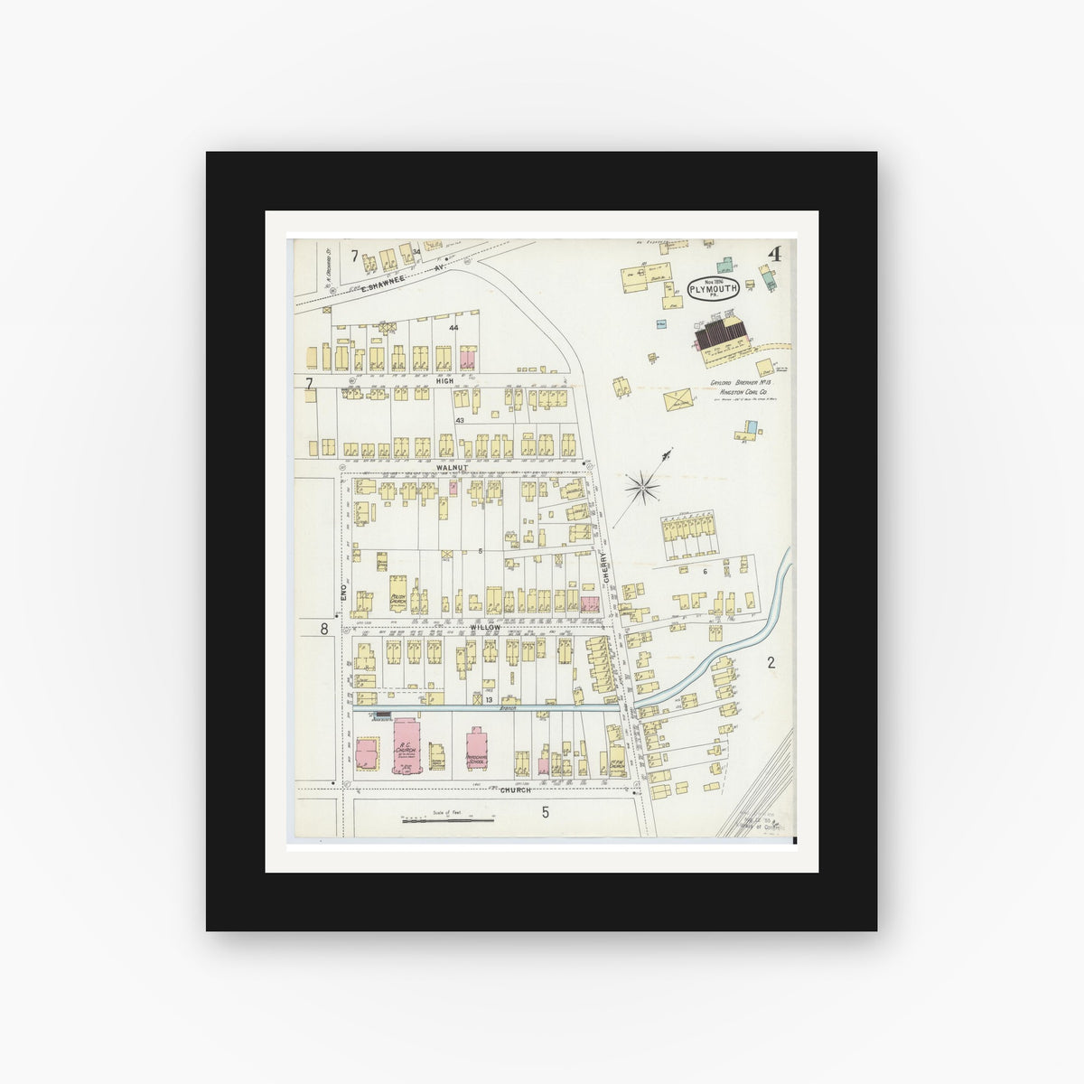 Old map wall art mockup — black gallery frame with white mat — Sanborn Fire Insurance Map from Plymouth, Luzerne County, Pennsylvania (1896), Sheet #0004