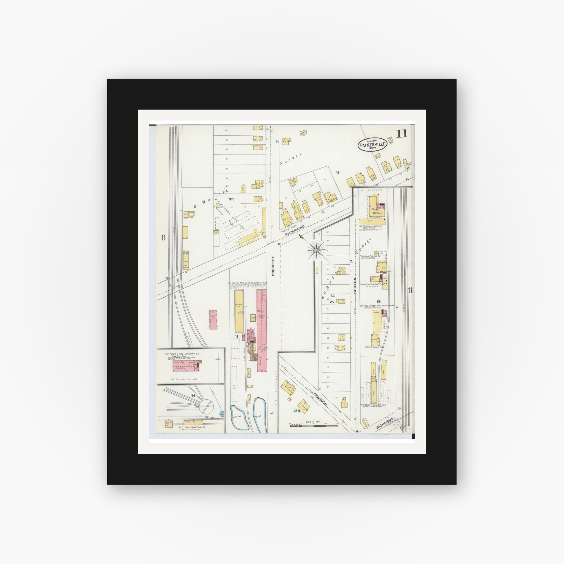 Old map wall art mockup — black gallery frame with white mat — Sanborn Fire Insurance Map from Painesville, Lake County, Ohio (1904), Sheet #0011