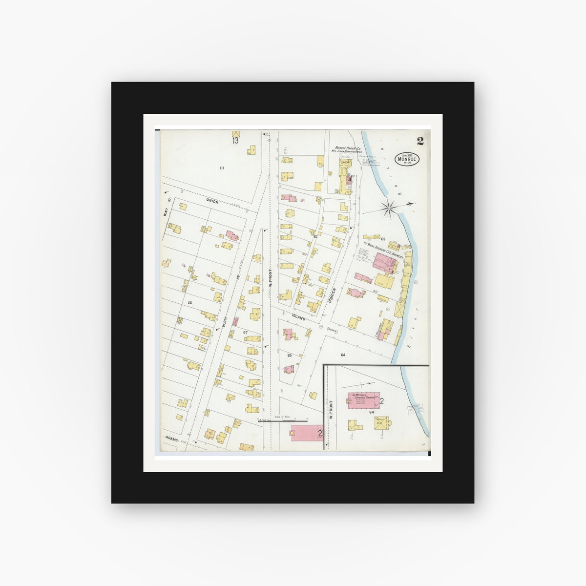 Old map wall art mockup — black gallery frame with white mat — Sanborn Fire Insurance Map from Monroe, Monroe County, Michigan (1899), Sheet #0002