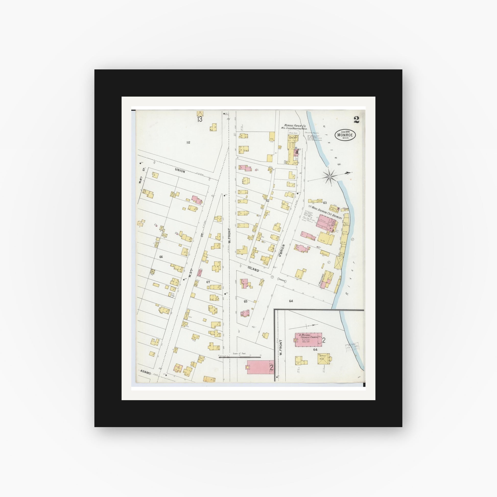 Old map wall art mockup — black gallery frame with white mat — Sanborn Fire Insurance Map from Monroe, Monroe County, Michigan (1899), Sheet #0002