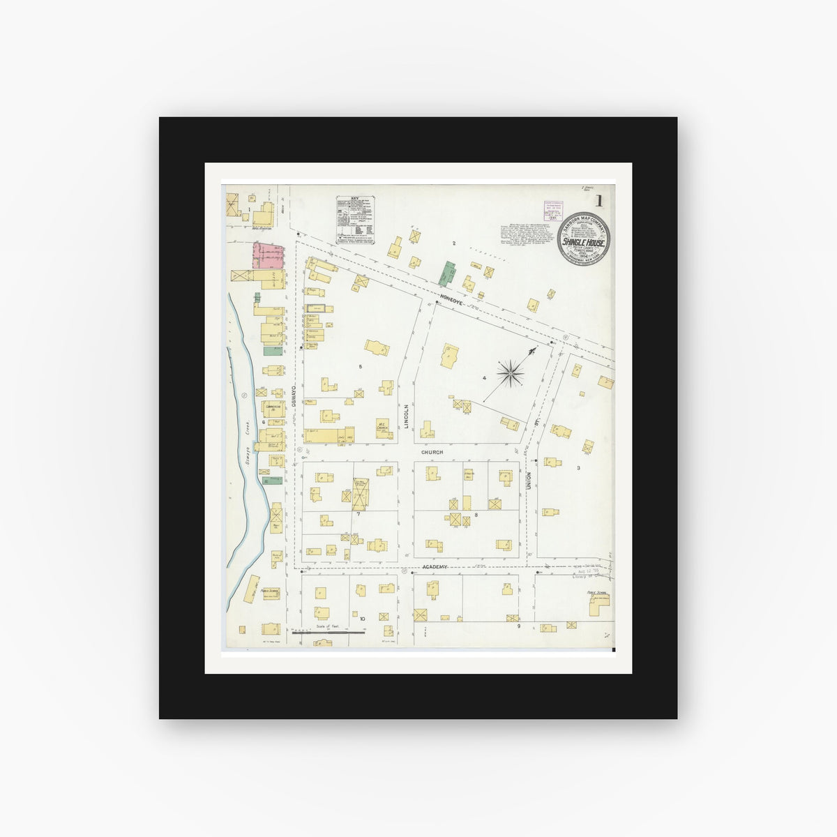 Old map wall art mockup — black gallery frame with white mat — Sanborn Fire Insurance Map from Shingle House, Potter County, Pennsylvania (1904) - Complete Map Set