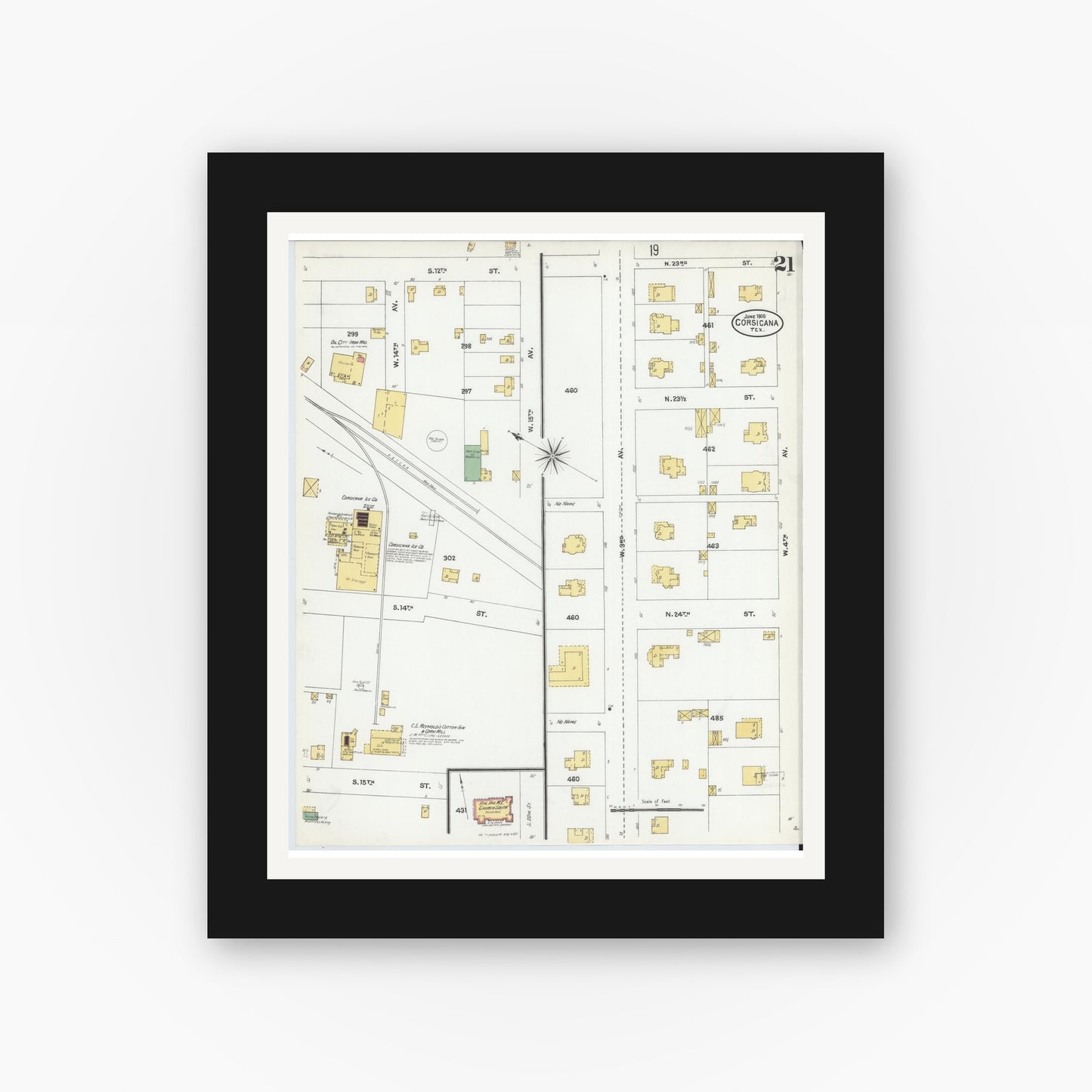 Old map wall art mockup — black gallery frame with white mat — Sanborn Fire Insurance Map from Corsicana, Navarro County, Texas (1905), Sheet #0021