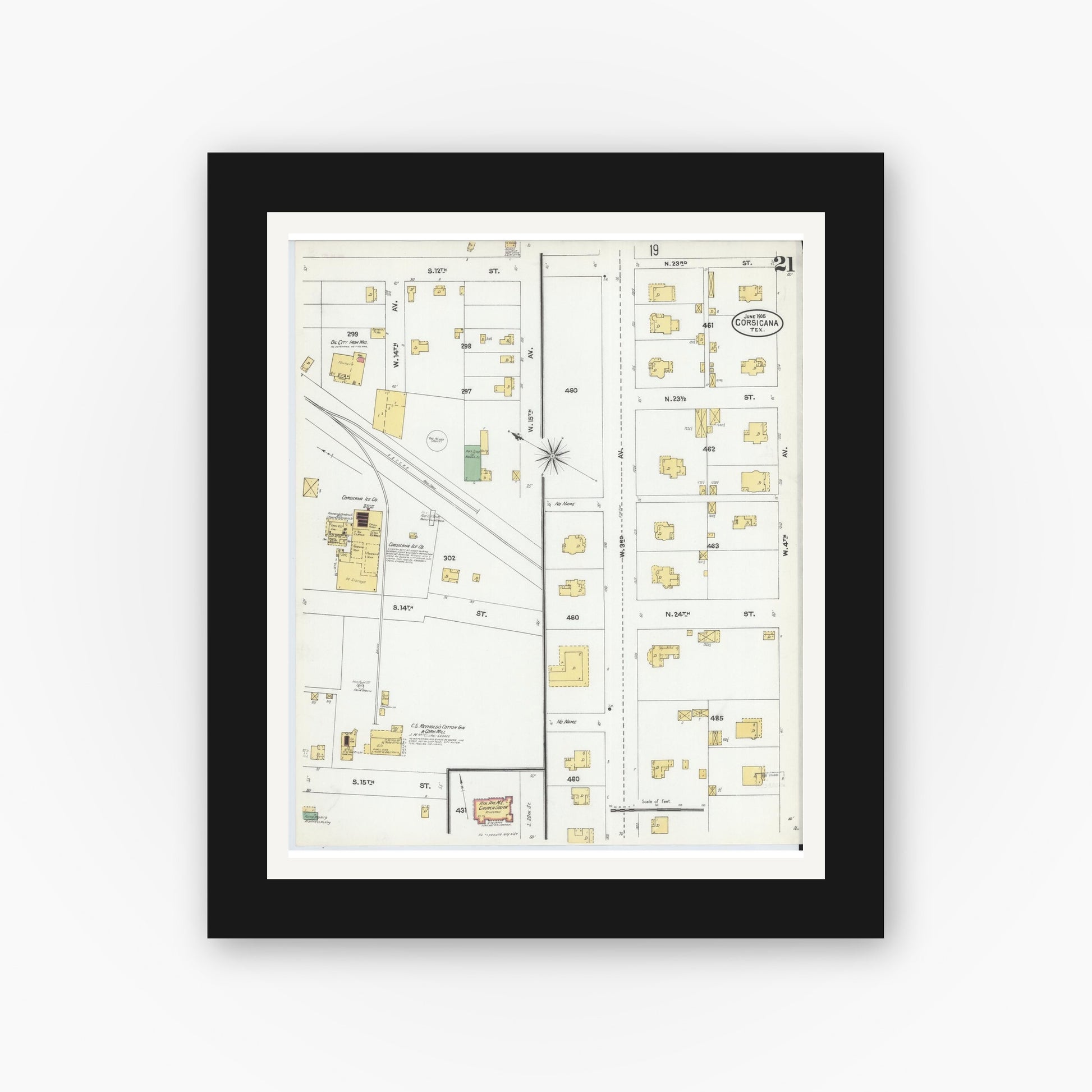 Old map wall art mockup — black gallery frame with white mat — Sanborn Fire Insurance Map from Corsicana, Navarro County, Texas (1905), Sheet #0021