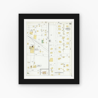 Old map wall art mockup — black gallery frame with white mat — Sanborn Fire Insurance Map from Corsicana, Navarro County, Texas (1905), Sheet #0021