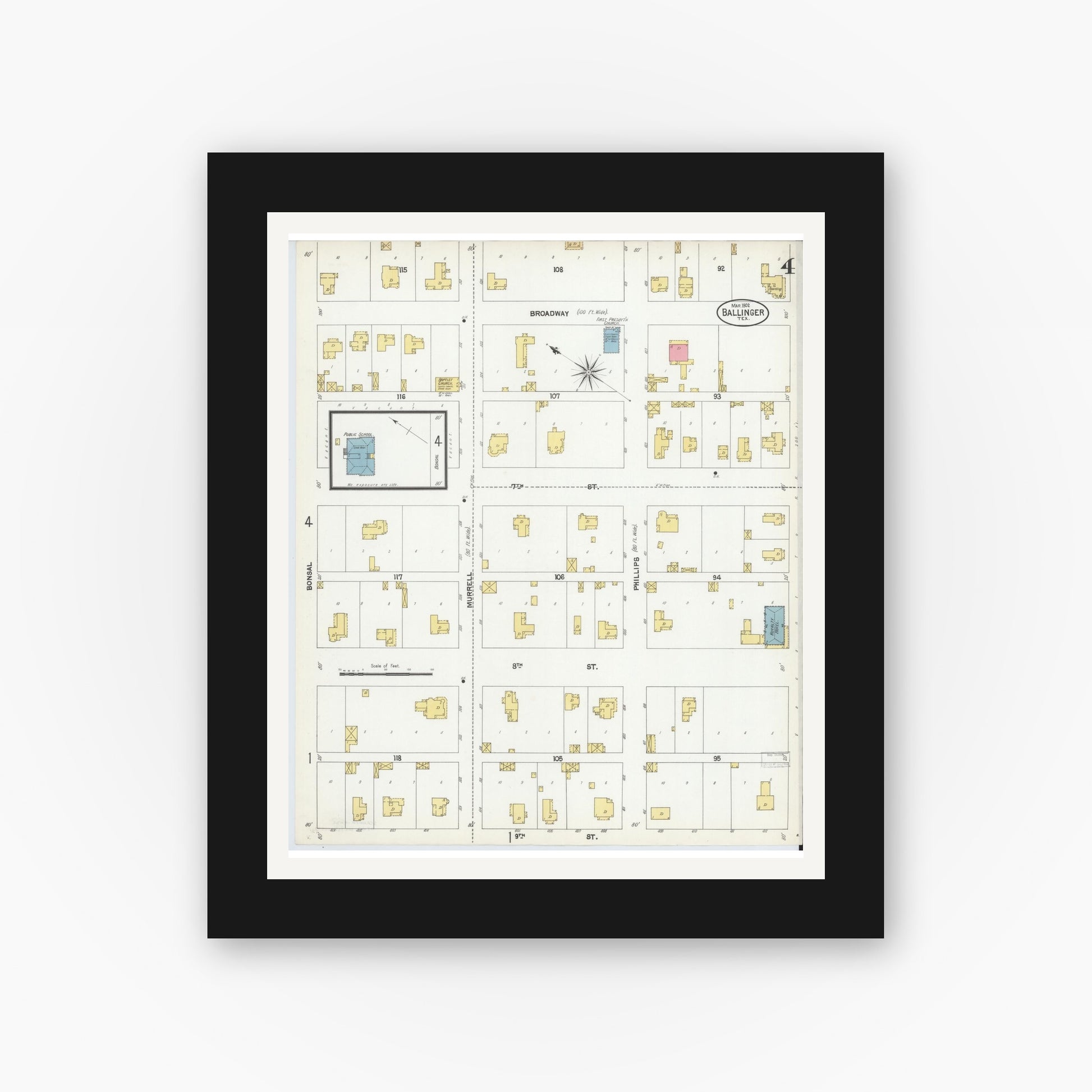Old map wall art mockup — black gallery frame with white mat — Sanborn Fire Insurance Map from Ballinger, Runnels County, Texas (1902), Sheet #0004
