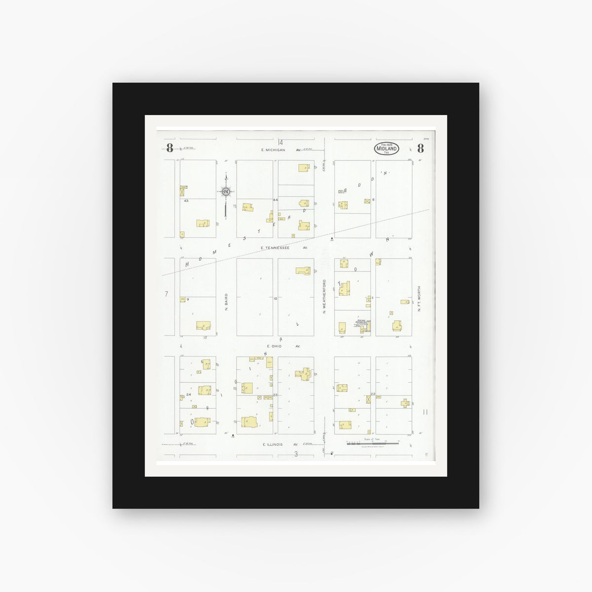 Old map wall art mockup — black gallery frame with white mat — Sanborn Fire Insurance Map from Midland, Midland County, Texas (1929), Sheet #0008