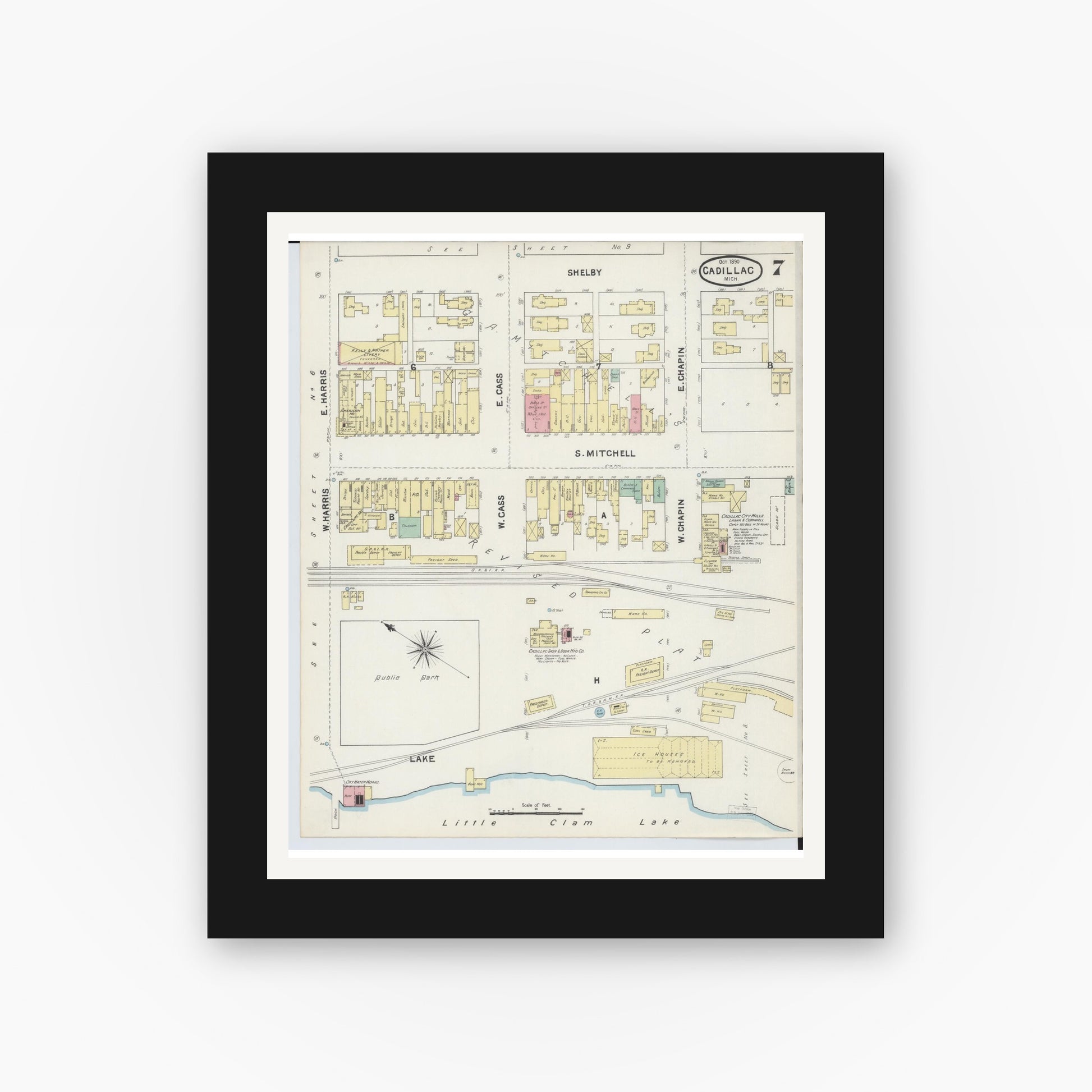 Old map wall art mockup — black gallery frame with white mat — Sanborn Fire Insurance Map from Cadillac, Wexford County, Michigan (1890), Sheet #0007