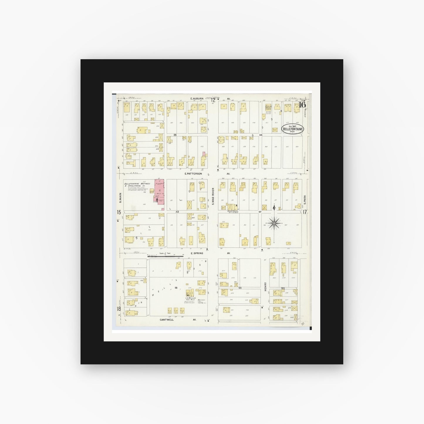 Old map wall art mockup — black gallery frame with white mat — Sanborn Fire Insurance Map from Bellefontaine, Logan County, Ohio (1907), Sheet #0016
