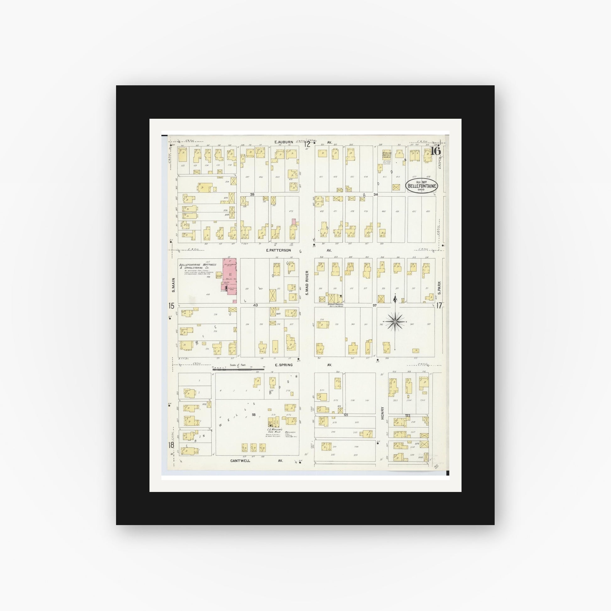 Old map wall art mockup — black gallery frame with white mat — Sanborn Fire Insurance Map from Bellefontaine, Logan County, Ohio (1907), Sheet #0016