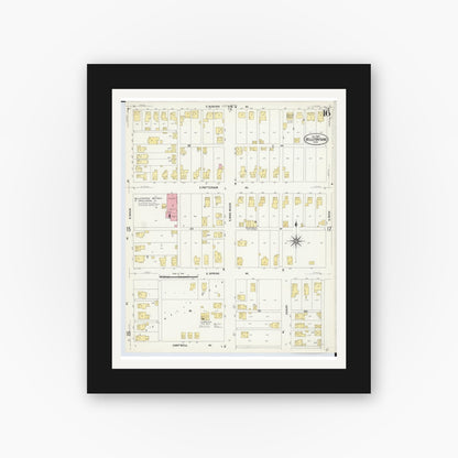 Old map wall art mockup — black gallery frame with white mat — Sanborn Fire Insurance Map from Bellefontaine, Logan County, Ohio (1907), Sheet #0016