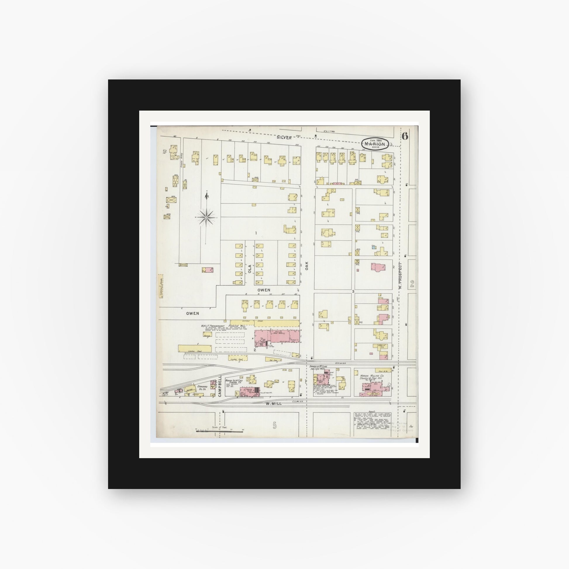 Old map wall art mockup — black gallery frame with white mat — Sanborn Fire Insurance Map from Marion, Marion County, Ohio (1895), Sheet #0006