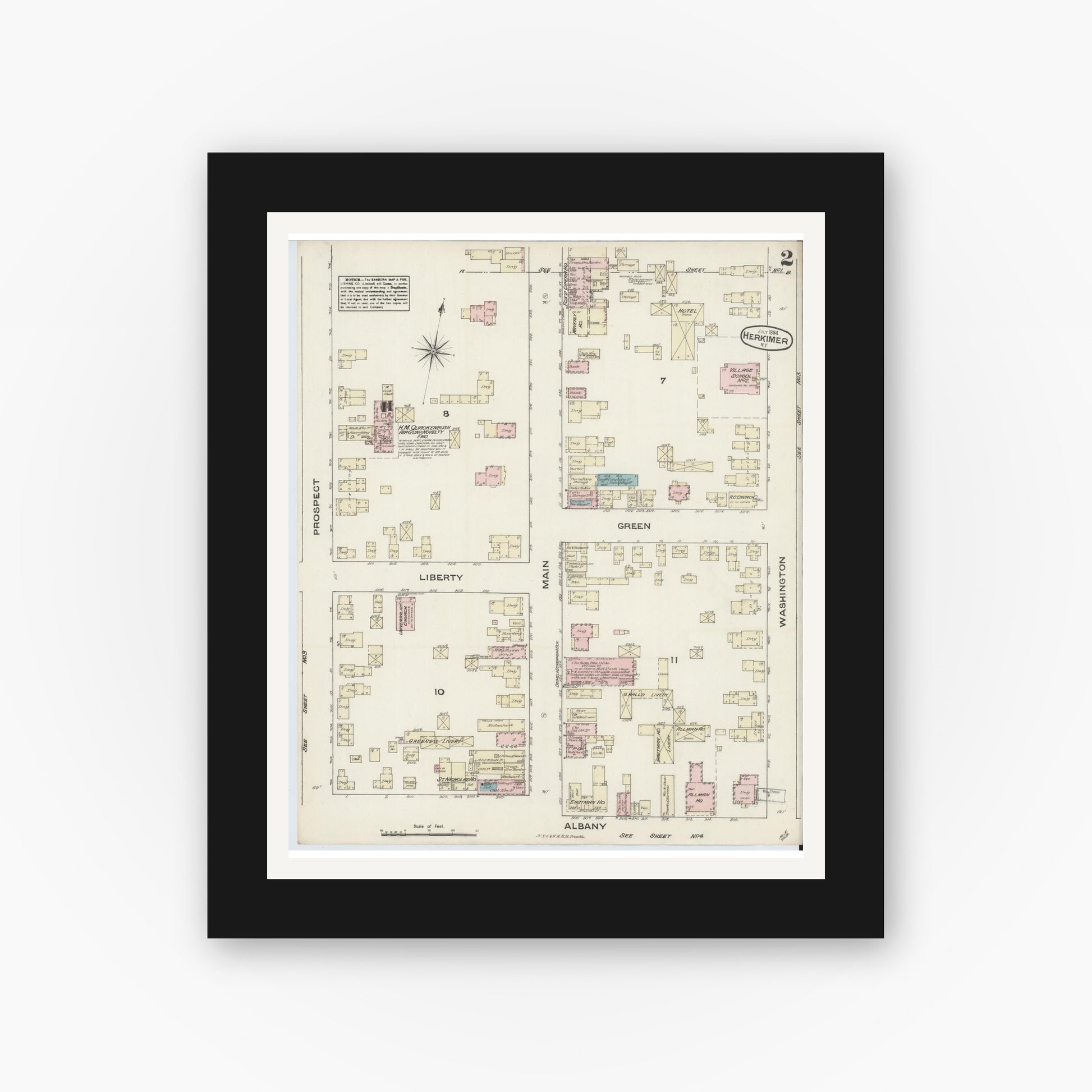 Old map wall art mockup — black gallery frame with white mat — Sanborn Fire Insurance Map from Herkimer, Herkimer County, New York (1884) - Complete Map Set