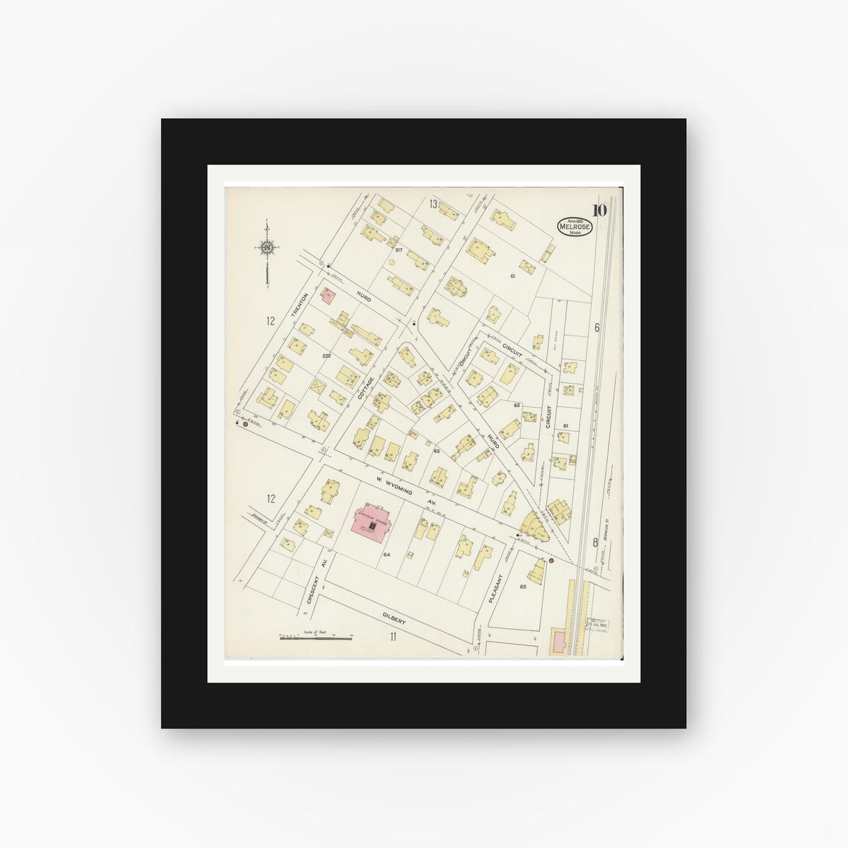 Old map wall art mockup — black gallery frame with white mat — Sanborn Fire Insurance Map from Melrose, Middlesex County, Massachusetts (1915), Sheet #0010