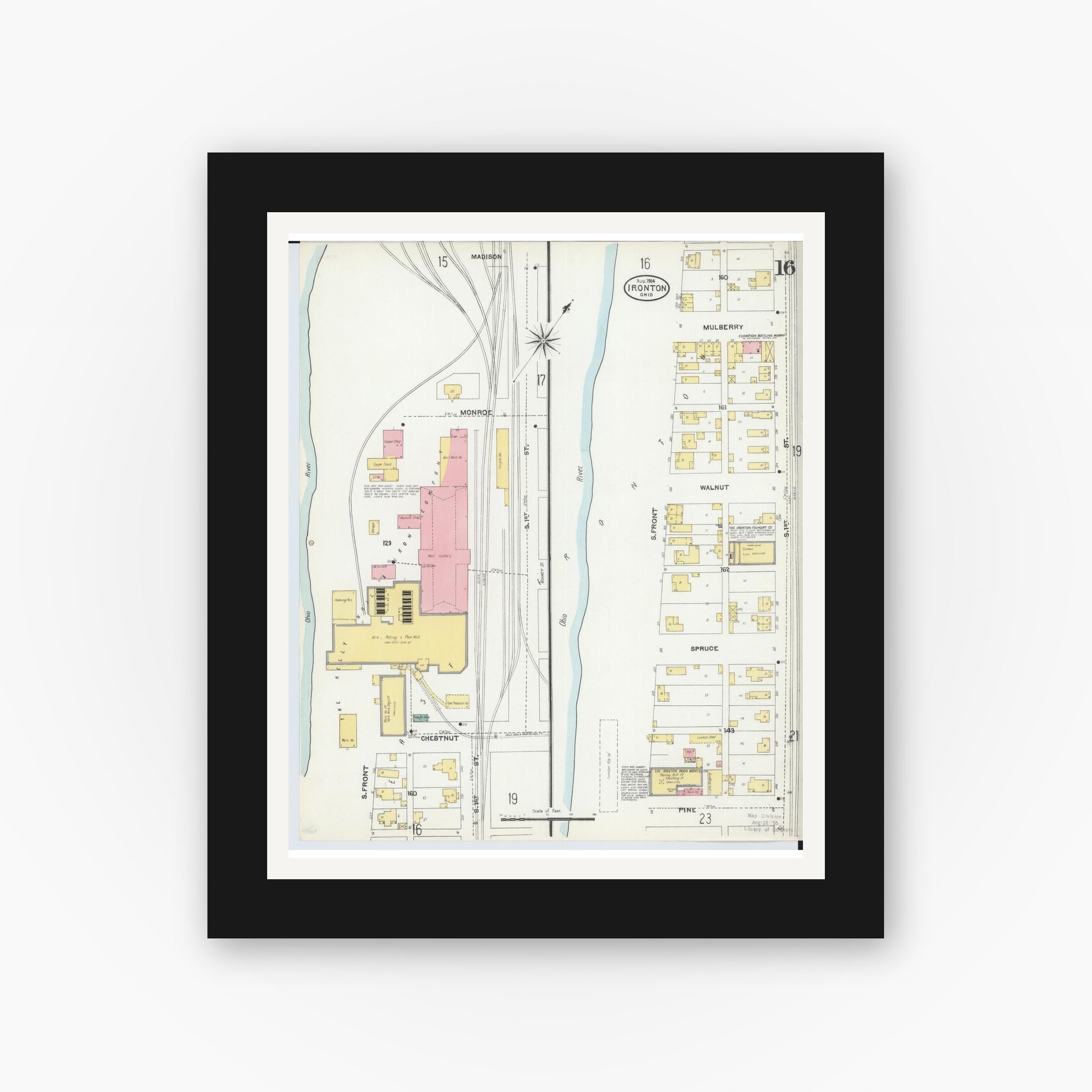 Old map wall art mockup — black gallery frame with white mat — Sanborn Fire Insurance Map from Ironton, Lawrence County, Ohio (1904), Sheet #0016