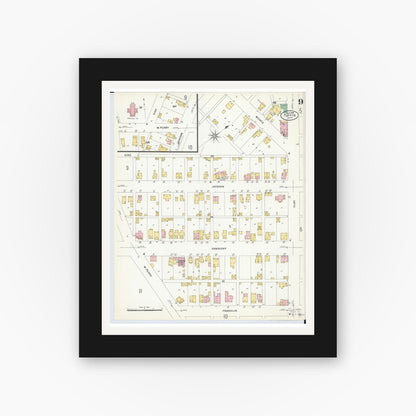Old map wall art mockup — black gallery frame with white mat — Sanborn Fire Insurance Map from Tiffin, Seneca County, Ohio (1908), Sheet #0009