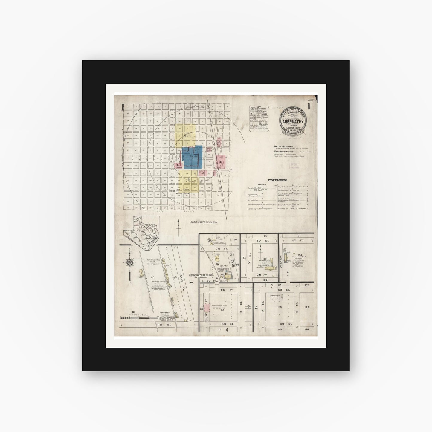 Old map wall art mockup — black gallery frame with white mat — Sanborn Fire Insurance Map from Abernathy, Hale County, Texas (1925), Sheet #0001