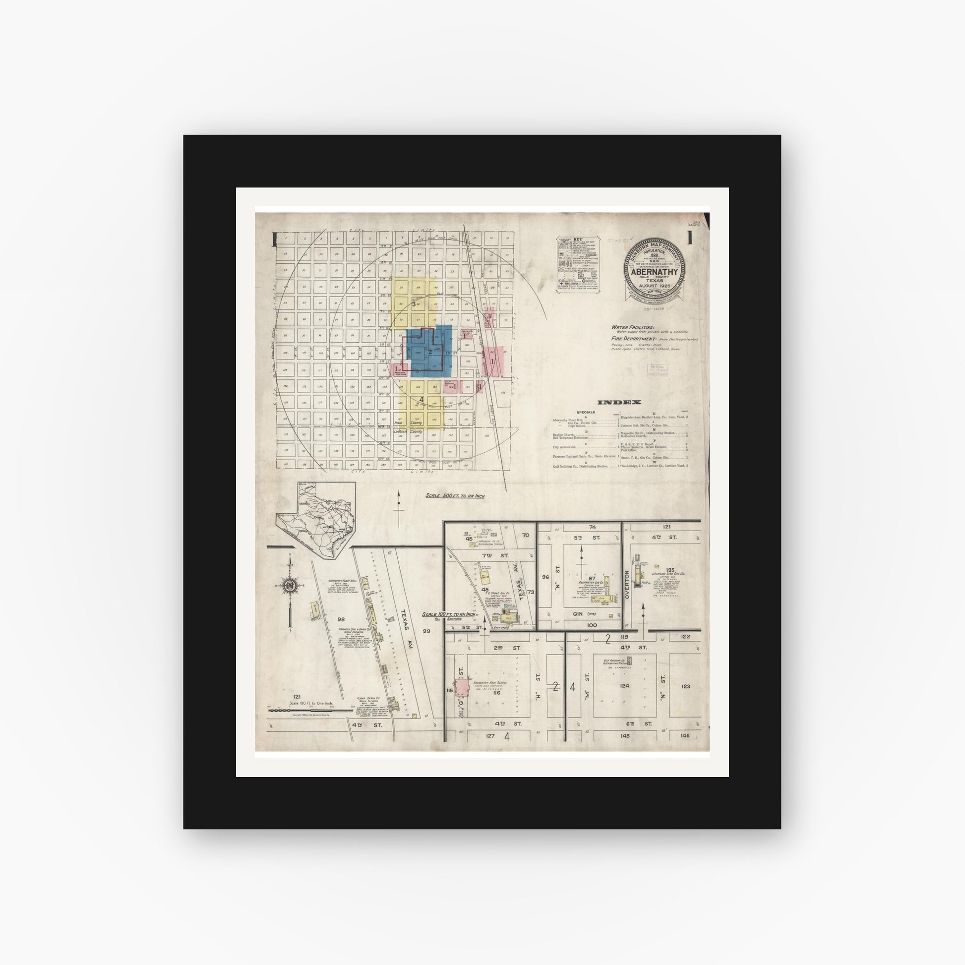Old map wall art mockup — black gallery frame with white mat — Sanborn Fire Insurance Map from Abernathy, Hale County, Texas (1925), Sheet #0001
