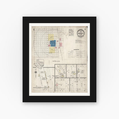 Old map wall art mockup — black gallery frame with white mat — Sanborn Fire Insurance Map from Abernathy, Hale County, Texas (1925), Sheet #0001