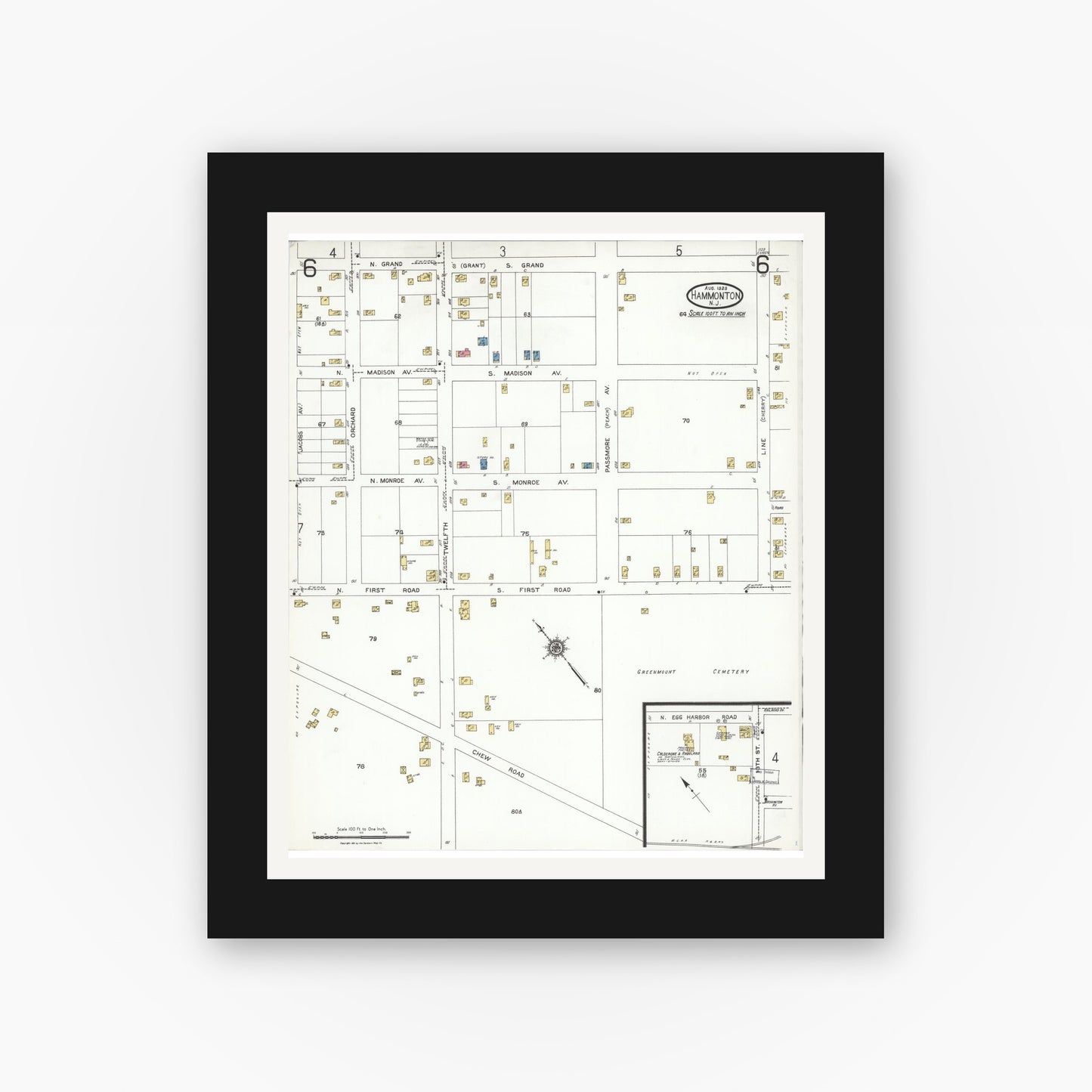 Old map wall art mockup — black gallery frame with white mat — Sanborn Fire Insurance Map from Hammonton, Atlantic County, New Jersey (1923), Sheet #0006