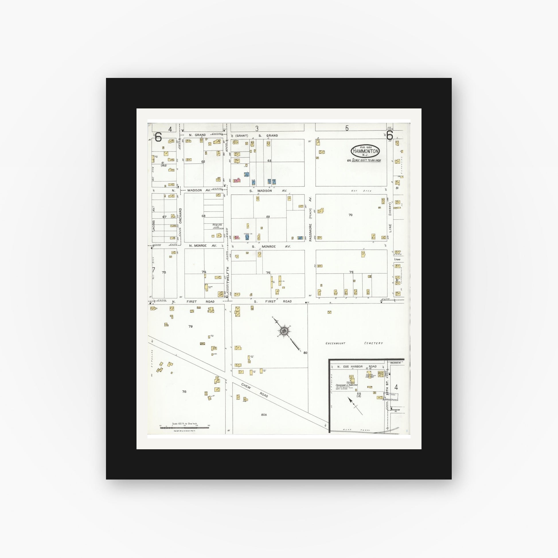 Old map wall art mockup — black gallery frame with white mat — Sanborn Fire Insurance Map from Hammonton, Atlantic County, New Jersey (1923), Sheet #0006