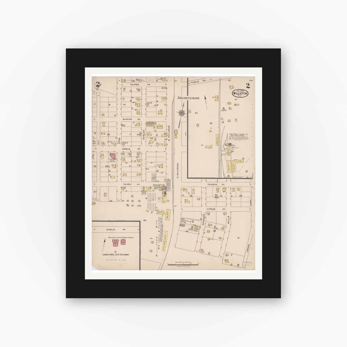 Old map wall art mockup — black gallery frame with white mat — Sanborn Fire Insurance Map from Williston, Levy County, Florida (1923), Sheet #0002