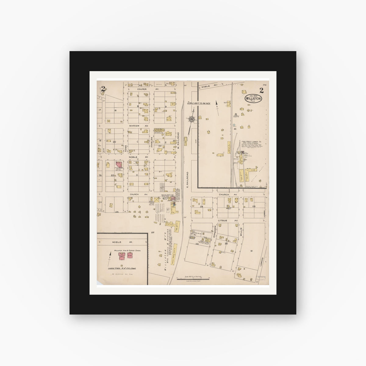 Old map wall art mockup — black gallery frame with white mat — Sanborn Fire Insurance Map from Williston, Levy County, Florida (1923), Sheet #0002