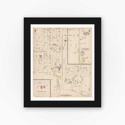 Old map wall art mockup — black gallery frame with white mat — Sanborn Fire Insurance Map from Williston, Levy County, Florida (1923), Sheet #0002