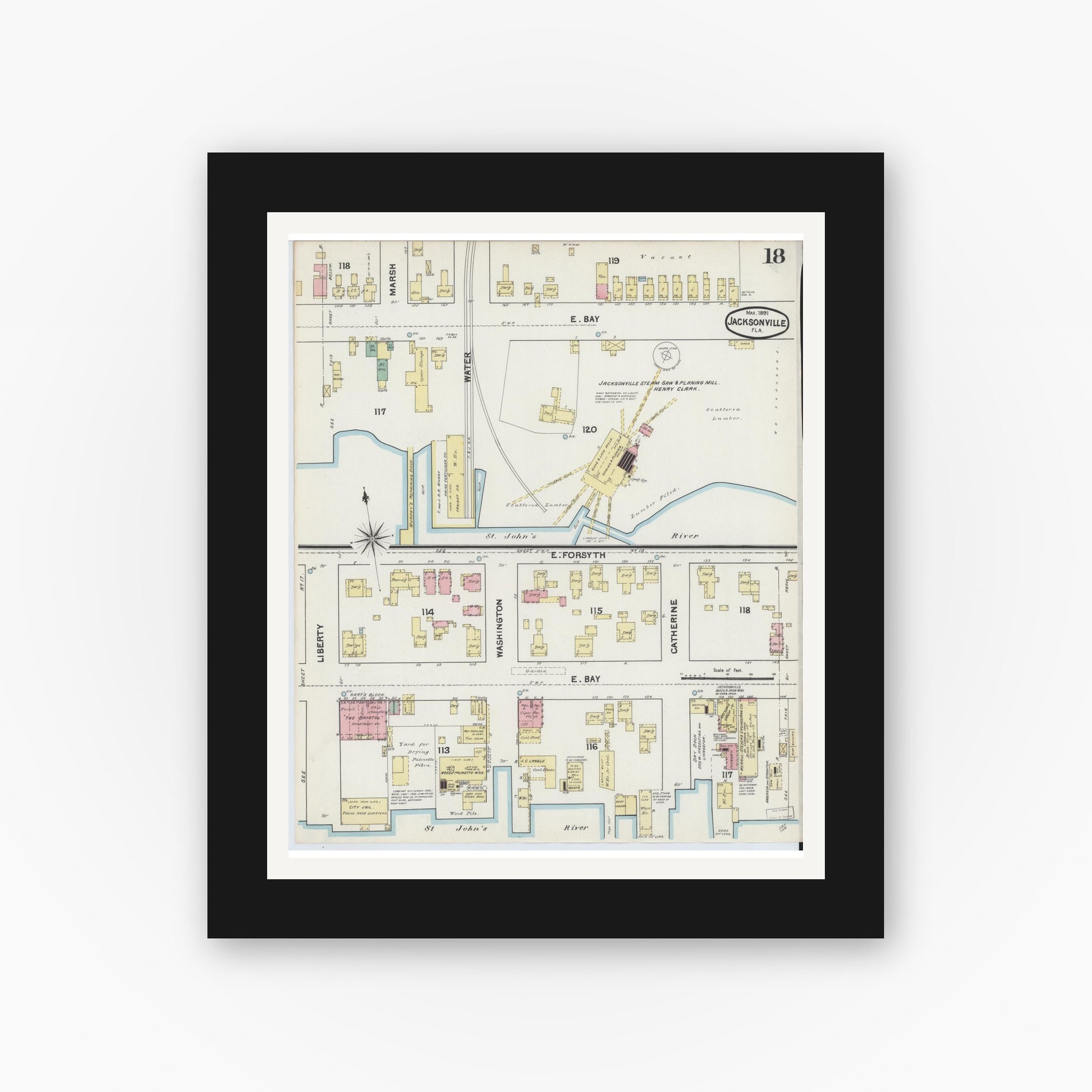 Old map wall art mockup — black gallery frame with white mat — Sanborn Fire Insurance Map from Jacksonville, Duval County, Florida (1891), Sheet #0018