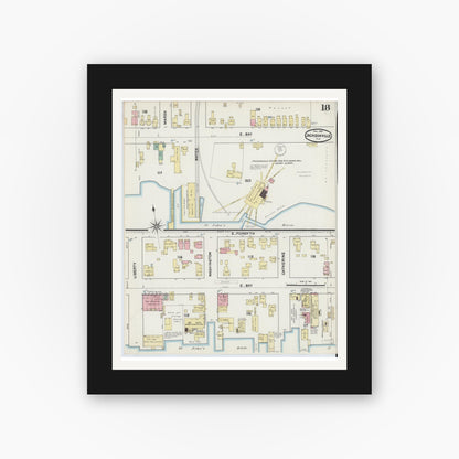 Old map wall art mockup — black gallery frame with white mat — Sanborn Fire Insurance Map from Jacksonville, Duval County, Florida (1891), Sheet #0018