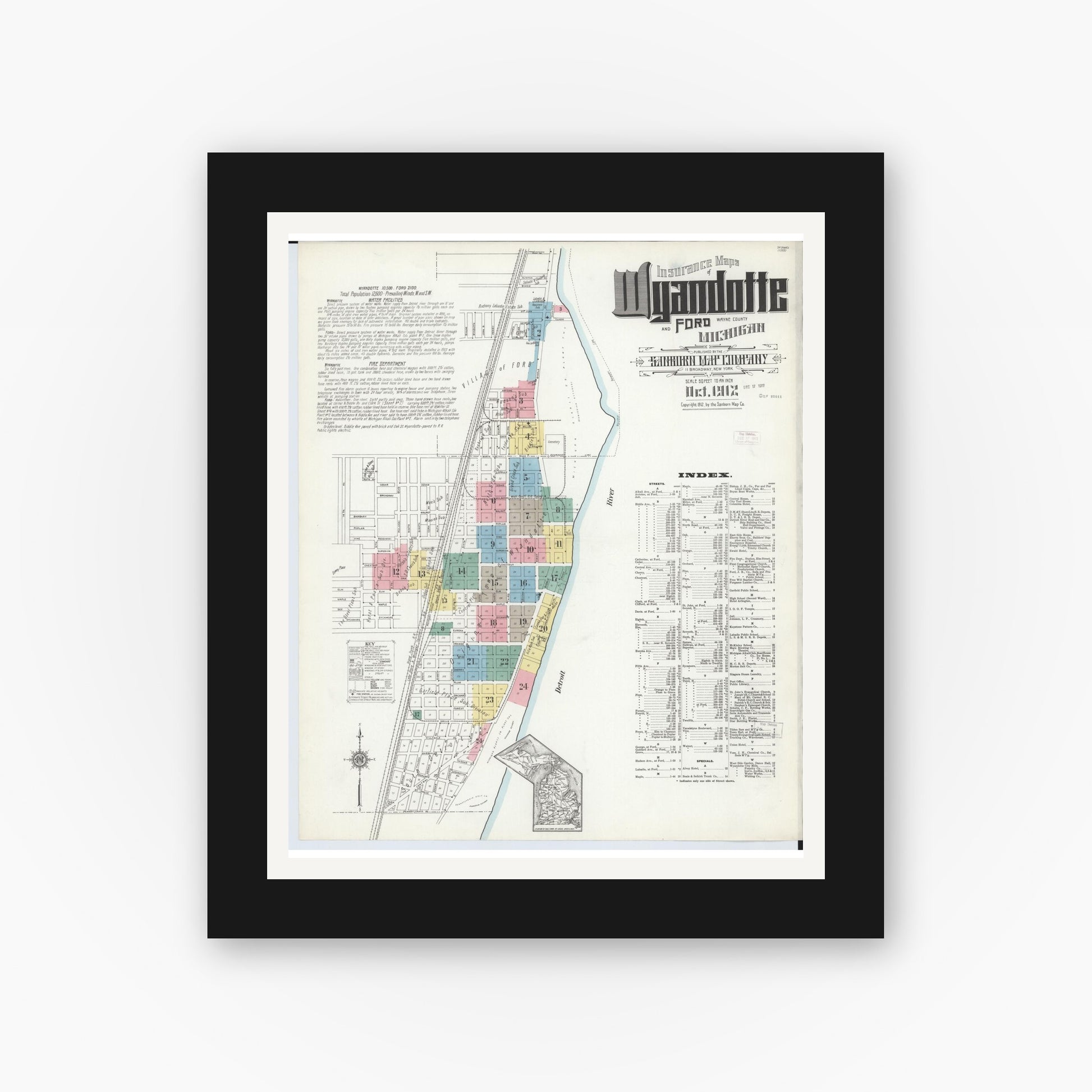 Old map wall art mockup — black gallery frame with white mat — Sanborn Fire Insurance Map from Wyandotte, Wayne County, Michigan (1912) - Complete Map Set