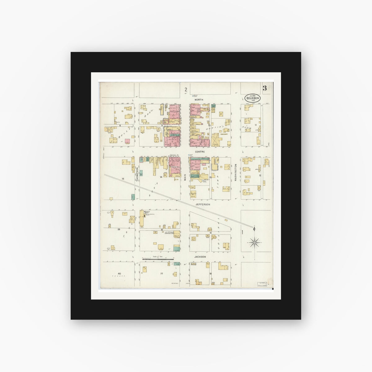 Old map wall art mockup — black gallery frame with white mat — Sanborn Fire Insurance Map from Bourbon, Marshall County, Indiana (1899), Sheet #0003