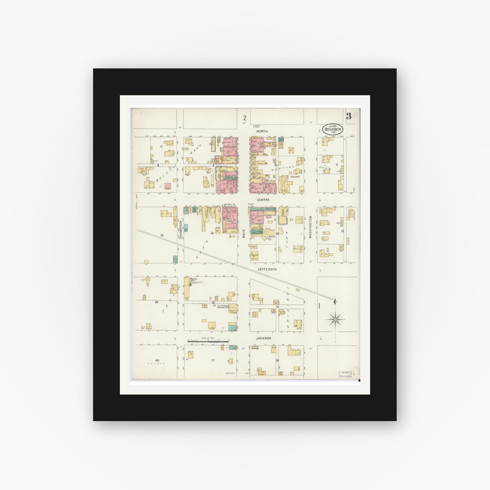 Old map wall art mockup — black gallery frame with white mat — Sanborn Fire Insurance Map from Bourbon, Marshall County, Indiana (1899), Sheet #0003