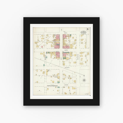 Old map wall art mockup — black gallery frame with white mat — Sanborn Fire Insurance Map from Bourbon, Marshall County, Indiana (1899), Sheet #0003