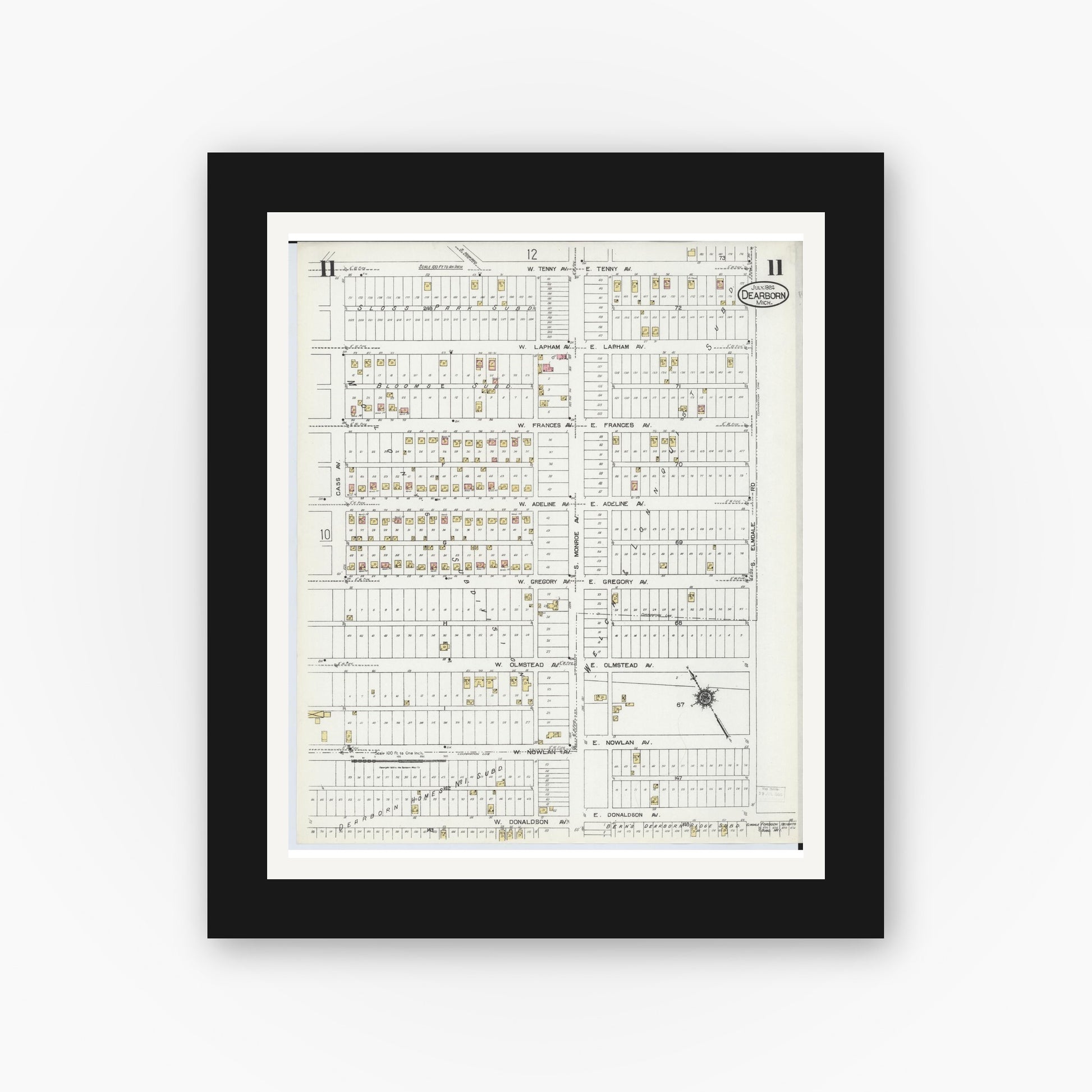 Old map wall art mockup — black gallery frame with white mat — Sanborn Fire Insurance Map from Dearborn, Wayne County, Michigan (1924), Sheet #0011