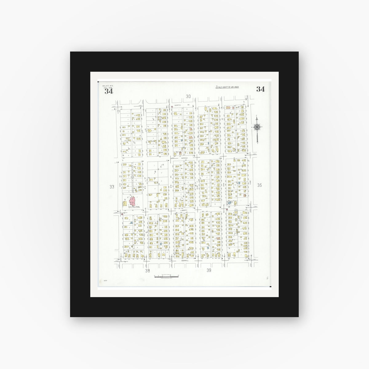 Old map wall art mockup — black gallery frame with white mat — Sanborn Fire Insurance Map from Beloit, Rock County, Wisconsin (1939), Sheet #0034