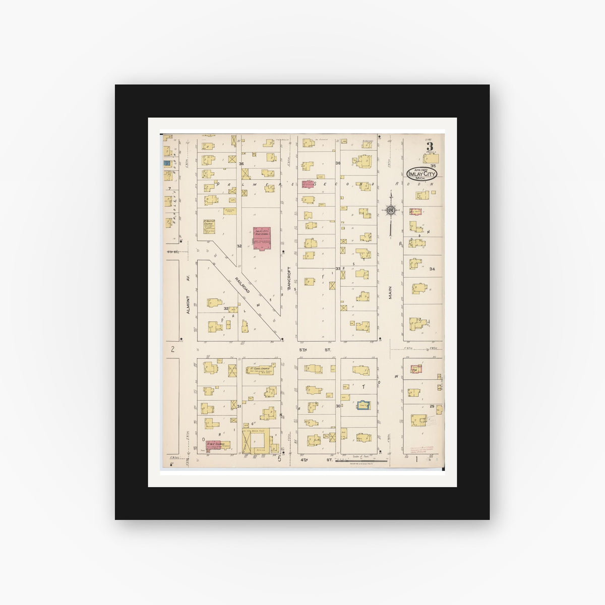 Old map wall art mockup — black gallery frame with white mat — Sanborn Fire Insurance Map from Imlay City, Lapeer County, Michigan (1922), Sheet #0003