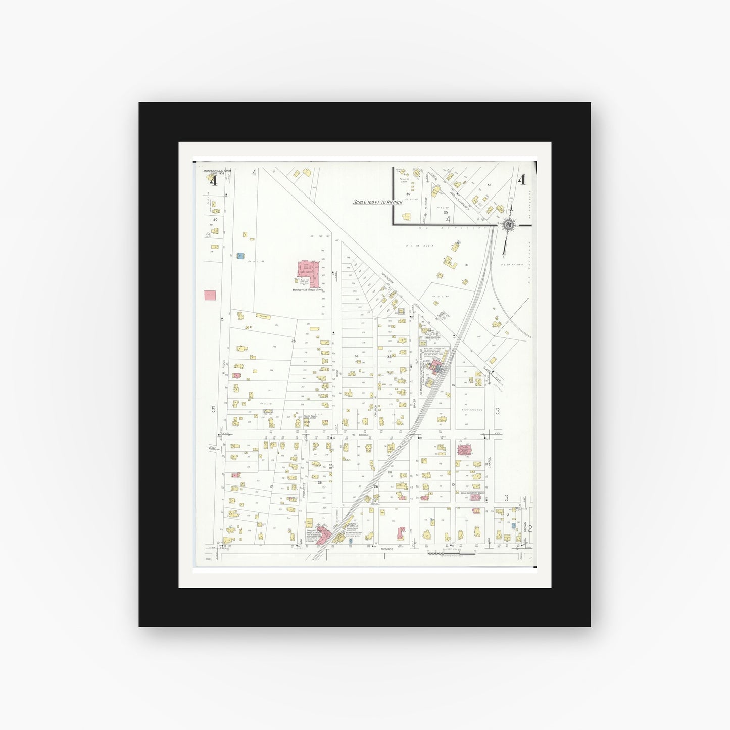 Old map wall art mockup — black gallery frame with white mat — Sanborn Fire Insurance Map from Monroeville, Huron County, Ohio (1939), Sheet #0004