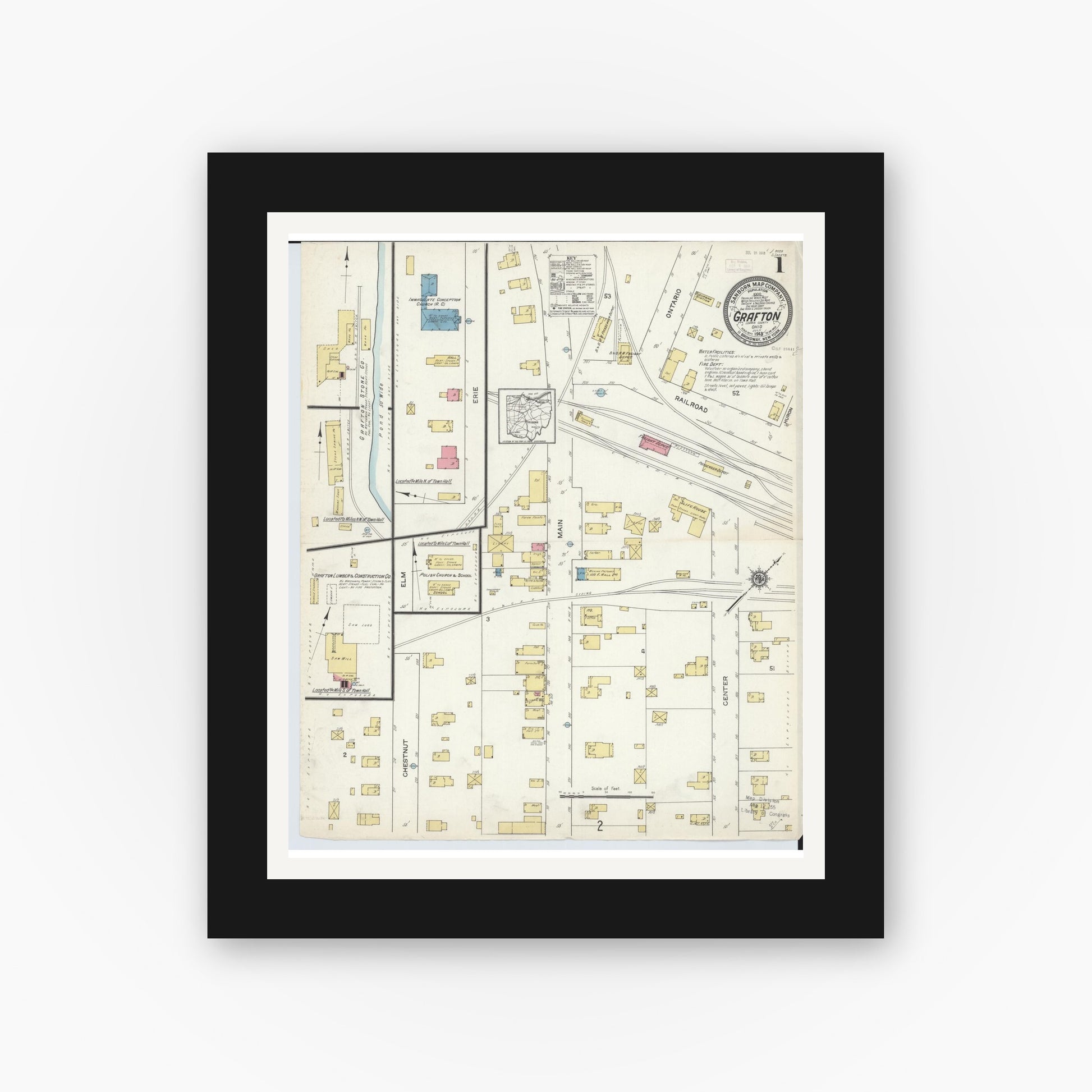 Old map wall art mockup — black gallery frame with white mat — Sanborn Fire Insurance Map from Grafton, Lorain County, Ohio (1913), Sheet #0001