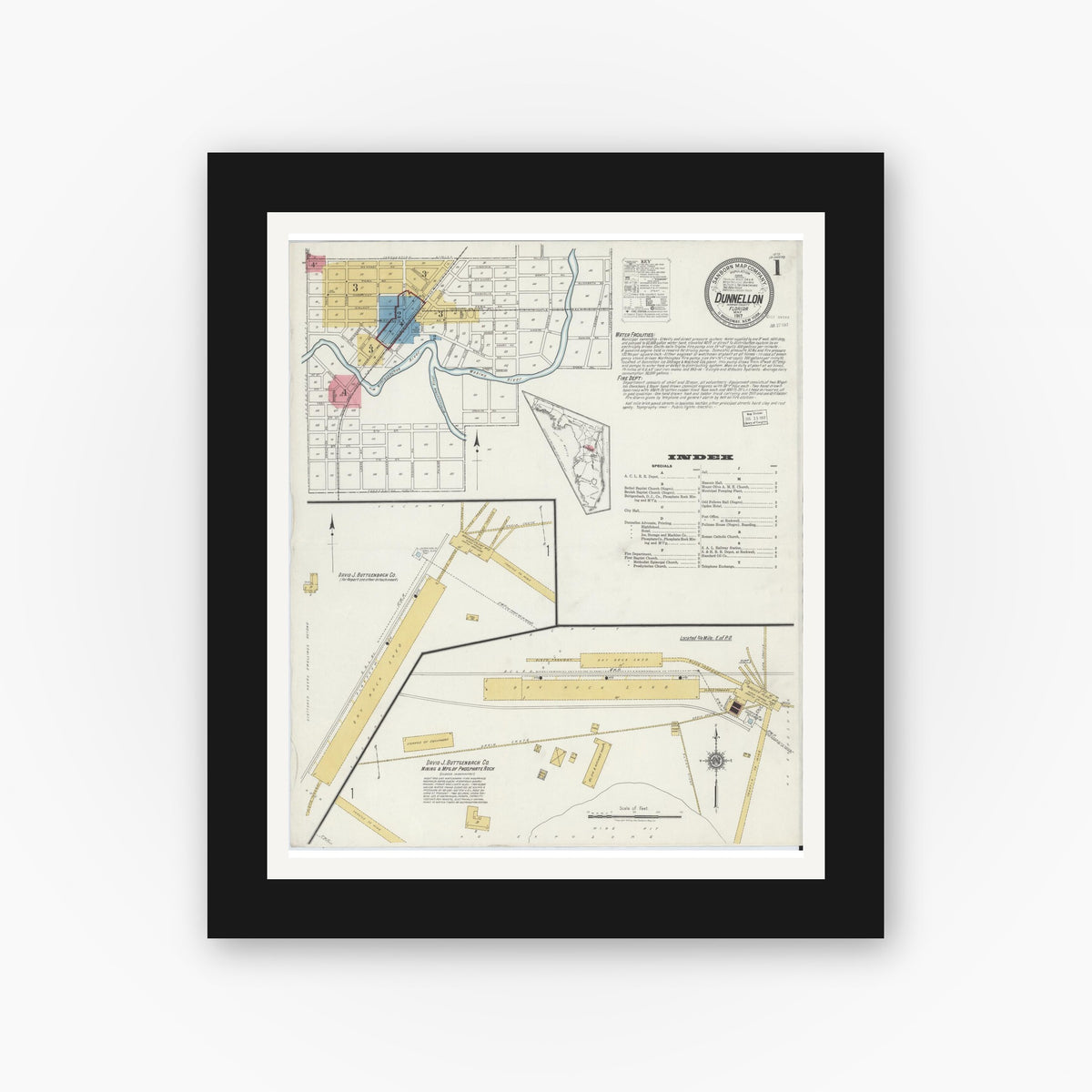 Old map wall art mockup — black gallery frame with white mat — Sanborn Fire Insurance Map from Dunnellon, Marion County, Florida (1917), Sheet #0001