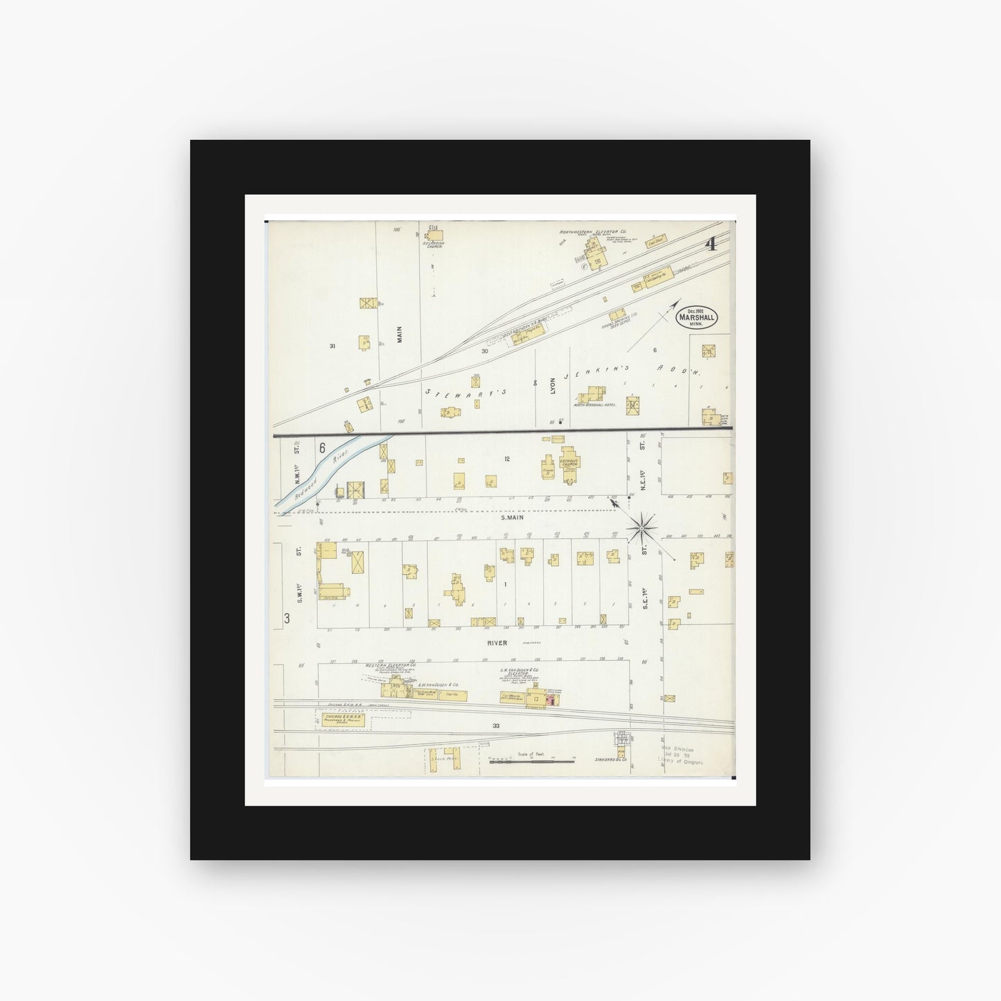 Old map wall art mockup — black gallery frame with white mat — Sanborn Fire Insurance Map from Marshall, Lyon County, Minnesota (1902), Sheet #0004