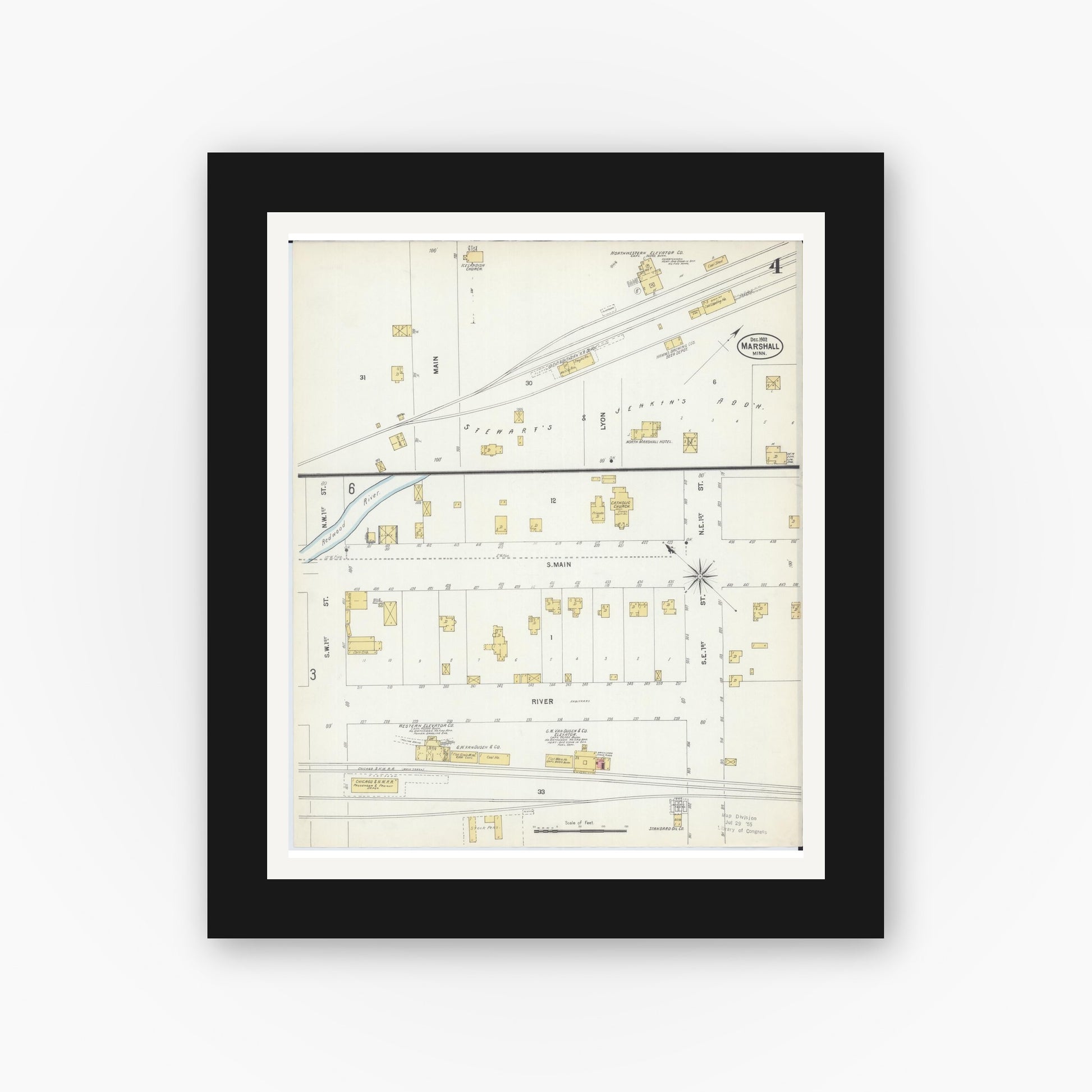 Old map wall art mockup — black gallery frame with white mat — Sanborn Fire Insurance Map from Marshall, Lyon County, Minnesota (1902), Sheet #0004