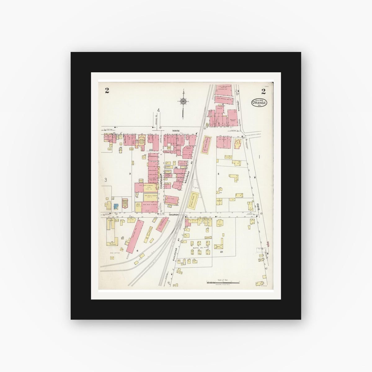 Old map wall art mockup — black gallery frame with white mat — Sanborn Fire Insurance Map from Orange, Orange County, Virginia (1925), Sheet #0002