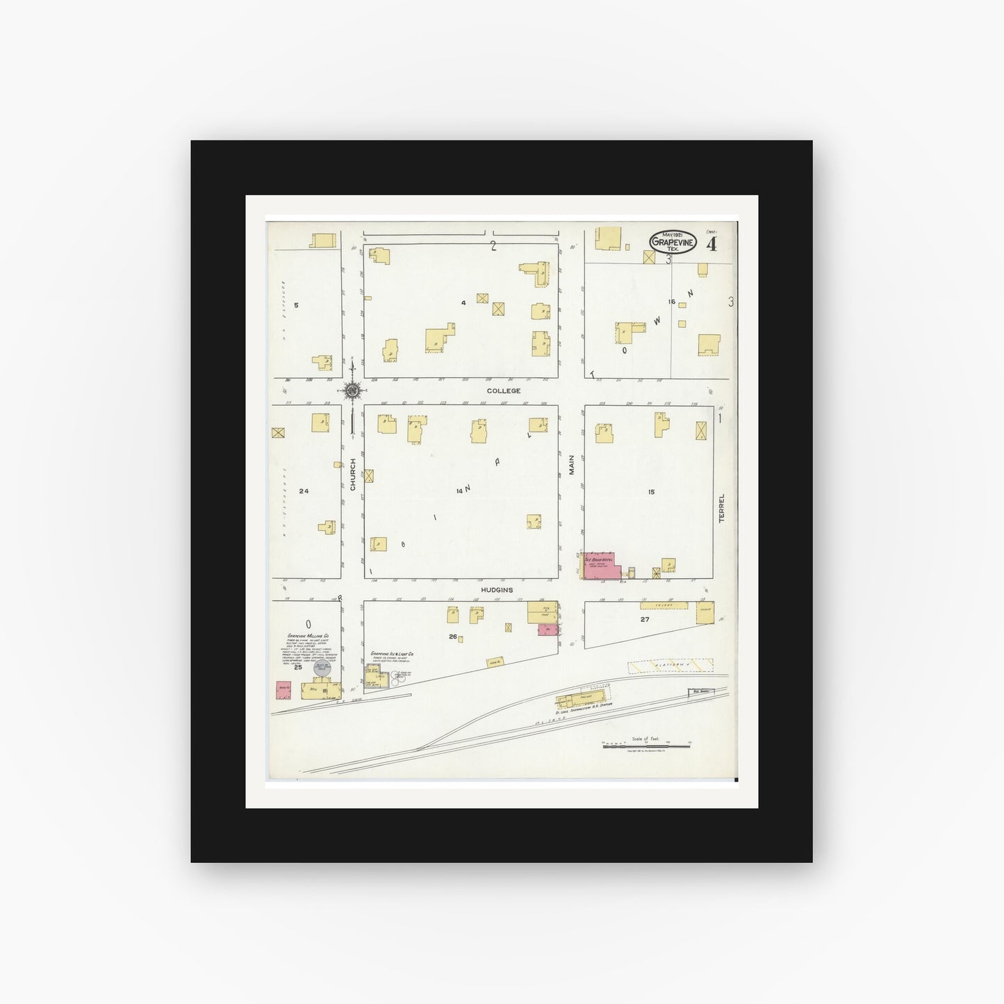 Old map wall art mockup — black gallery frame with white mat — Sanborn Fire Insurance Map from Grapevine, Tarrant County, Texas (1921), Sheet #0004