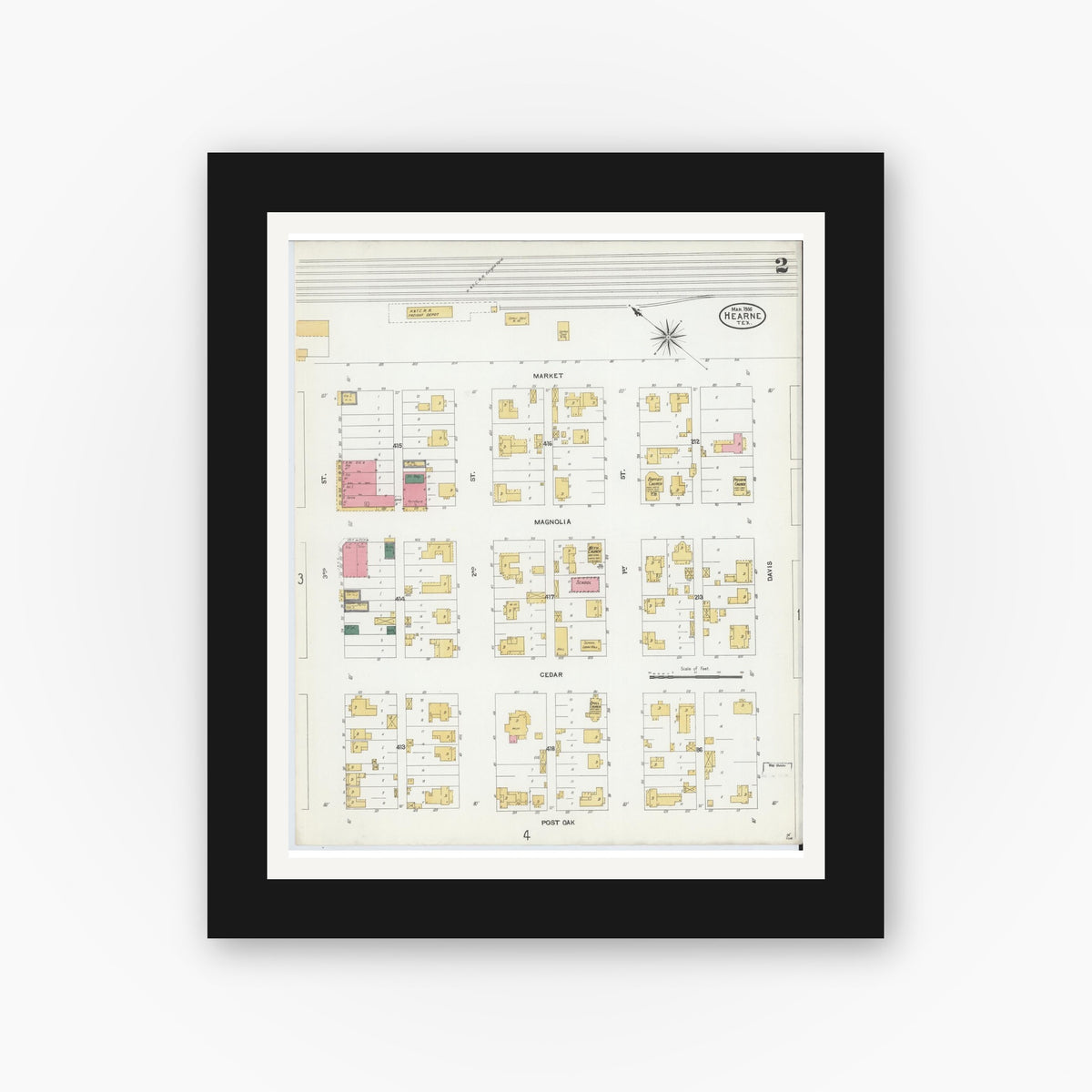 Old map wall art mockup — black gallery frame with white mat — Sanborn Fire Insurance Map from Hearne, Robertson County, Texas (1906), Sheet #0002