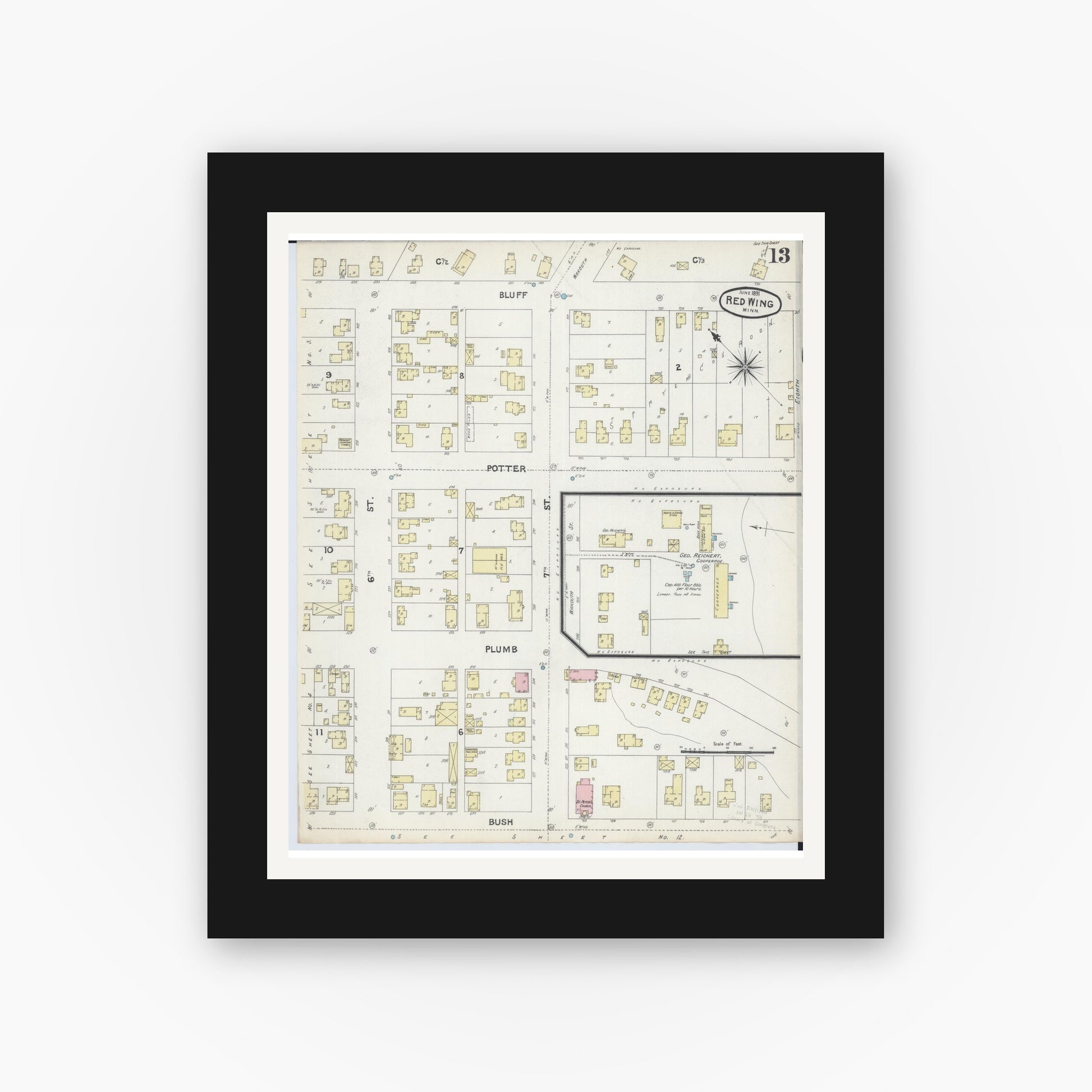 Old map wall art mockup — black gallery frame with white mat — Sanborn Fire Insurance Map from Red Wing, Goodhue County, Minnesota (1891), Sheet #0013