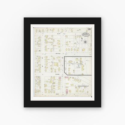 Old map wall art mockup — black gallery frame with white mat — Sanborn Fire Insurance Map from Red Wing, Goodhue County, Minnesota (1891), Sheet #0013